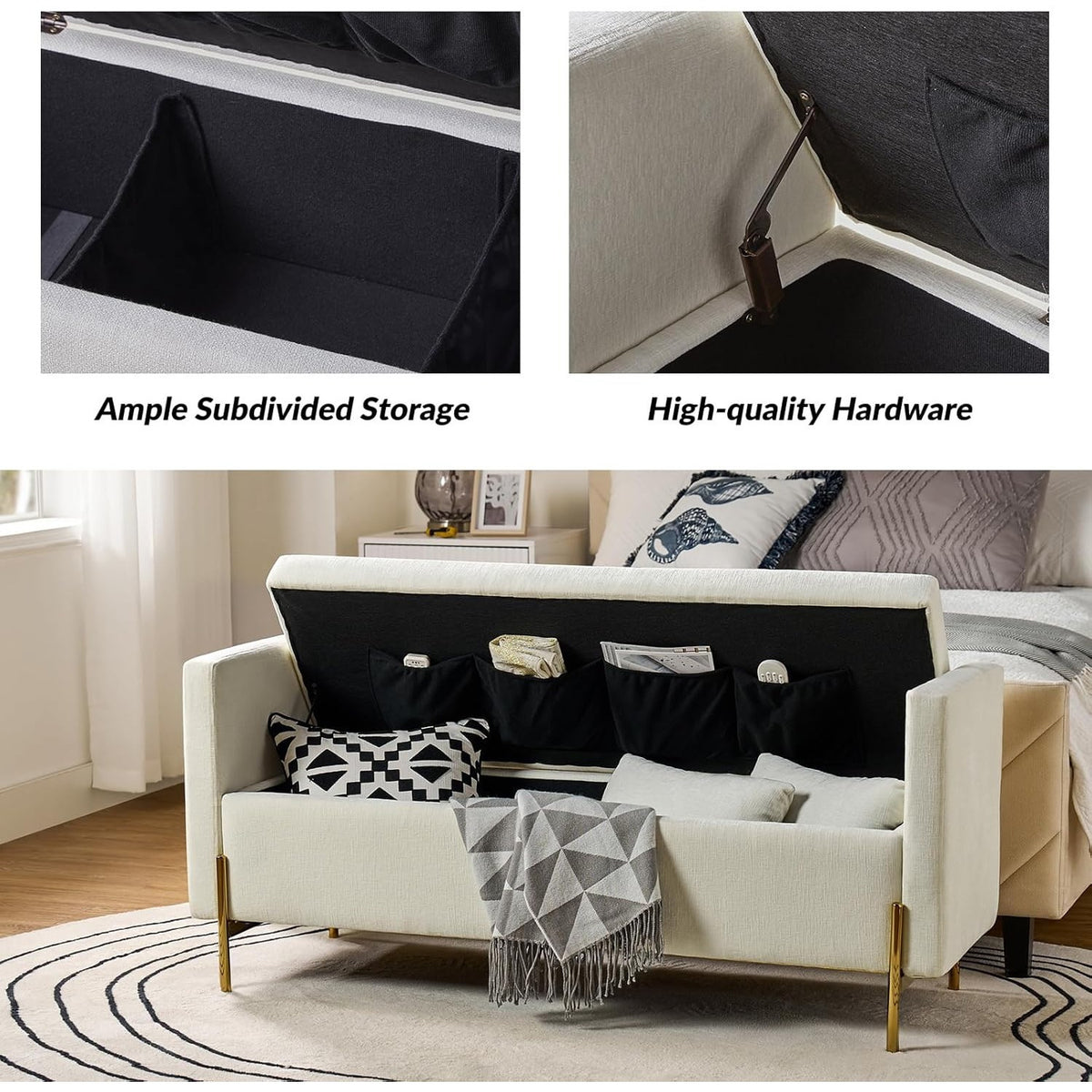 Modern Storage Ottoman Bench with Throw Pillows, Metal Leg Bedroom Bench for End of Bed, Comfy Upholstered Footstool for Entryway