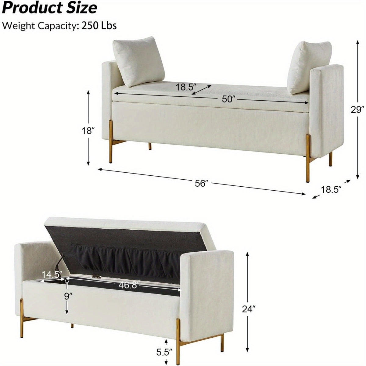 Modern Storage Ottoman Bench with Throw Pillows, Metal Leg Bedroom Bench for End of Bed, Comfy Upholstered Footstool for Entryway