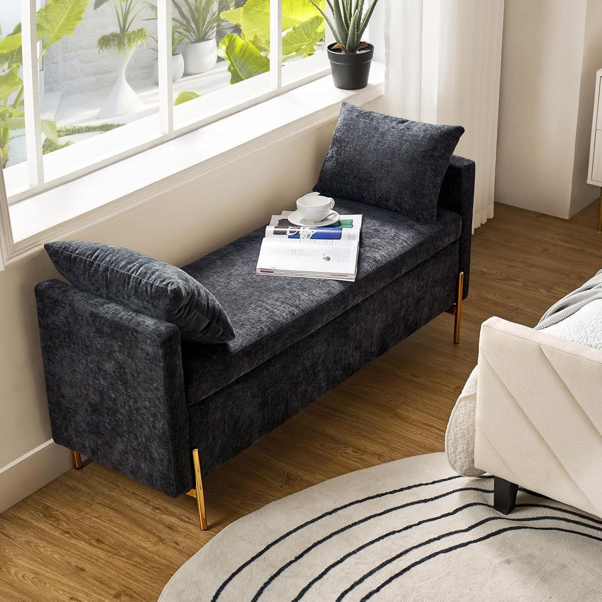 Modern Storage Ottoman Bench with Throw Pillows, Metal Leg Bedroom Bench for End of Bed, Comfy Upholstered Footstool for Entryway