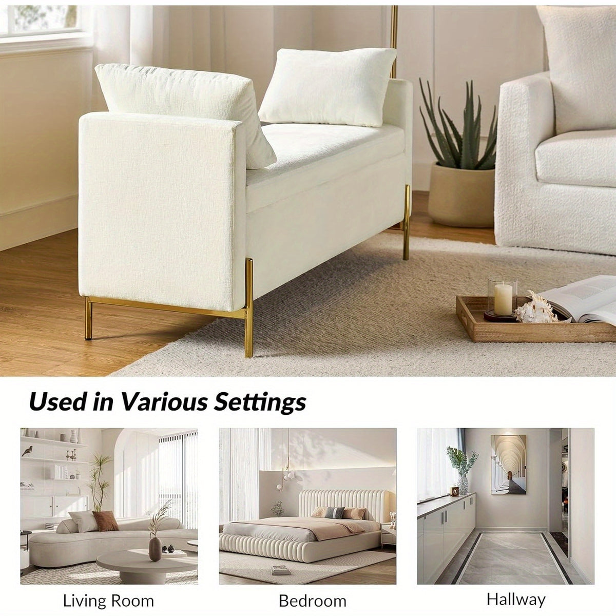 Modern Storage Ottoman Bench with Throw Pillows, Metal Leg Bedroom Bench for End of Bed, Comfy Upholstered Footstool for Entryway