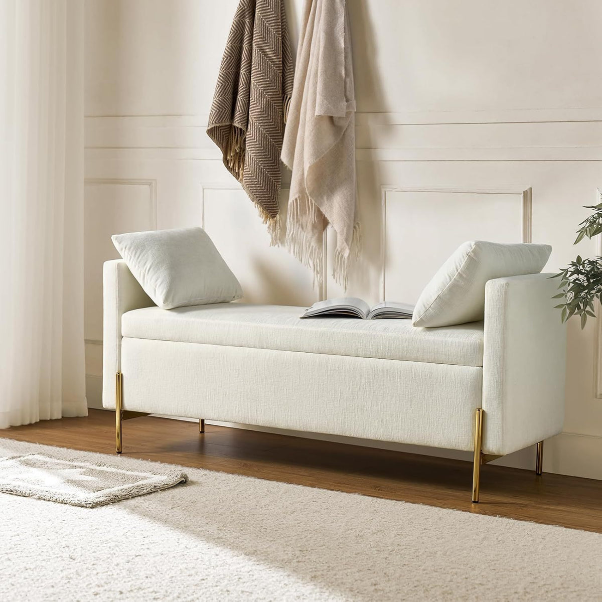Modern Storage Ottoman Bench with Throw Pillows, Metal Leg Bedroom Bench for End of Bed, Comfy Upholstered Footstool for Entryway