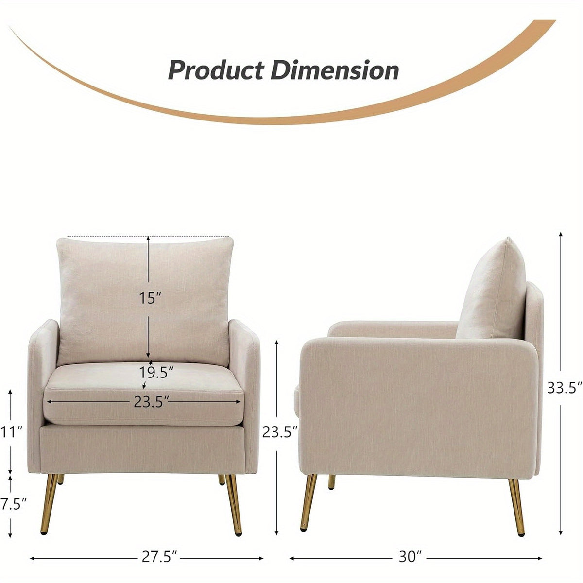 Modern Accent Chair With Golden Metal Legs, Stadium Seats For Sports Fields, Sport Event, Removable Cushion Upholstered Reading Chair