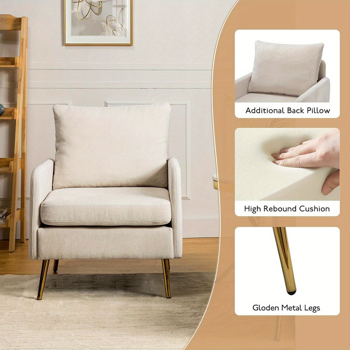 Modern Accent Chair With Golden Metal Legs, Stadium Seats For Sports Fields, Sport Event, Removable Cushion Upholstered Reading Chair