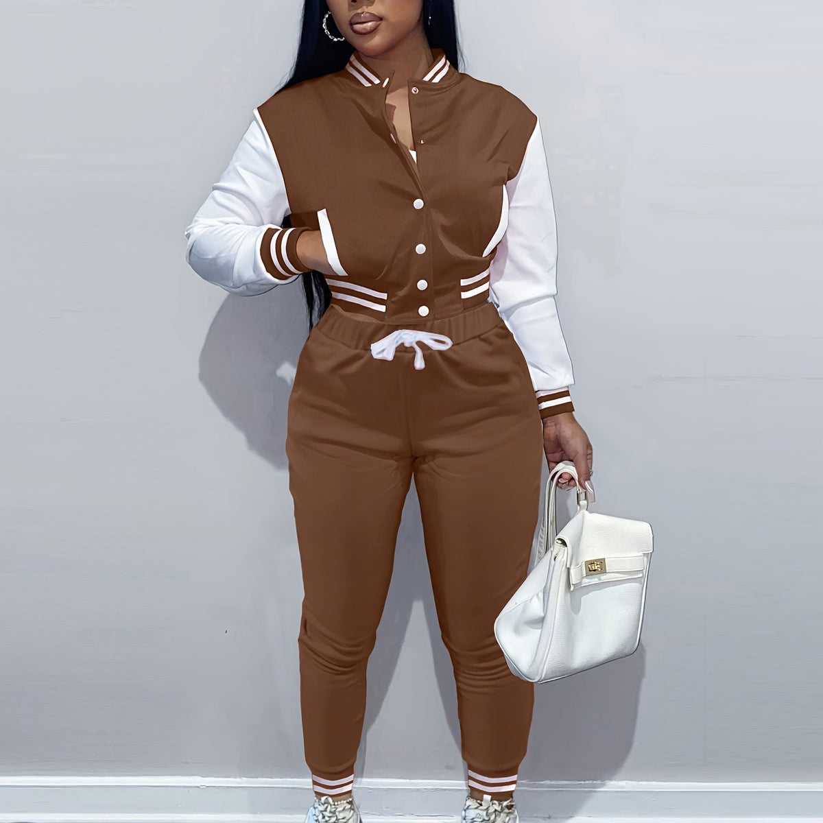 European And Trendy Women'S Patchwork Jacket with Single-Breasted Baseball Suit, a Two-Piece Outfit