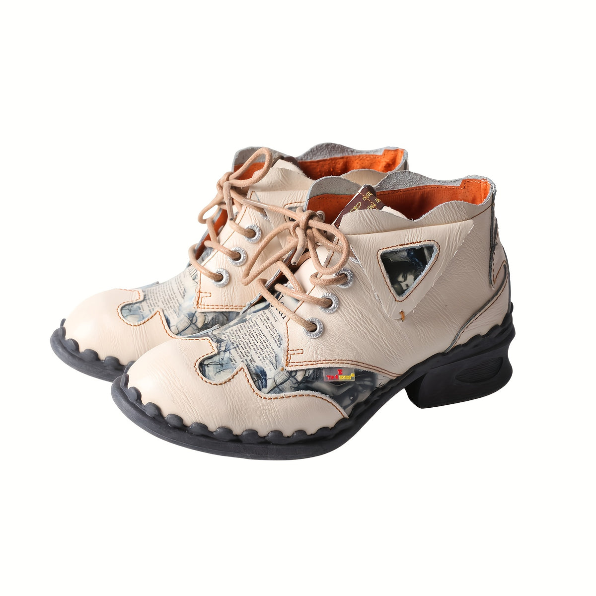 1pr TMA EYES&MAIA Fashion Wave Folding Toe Opening Short Boots - All-Season Comfort Lace-Up Block Heel Low Heel Boots with Split Cow Cover Upper, Pig Split Cover Inner, TPR Sole, and Microfiber Insole