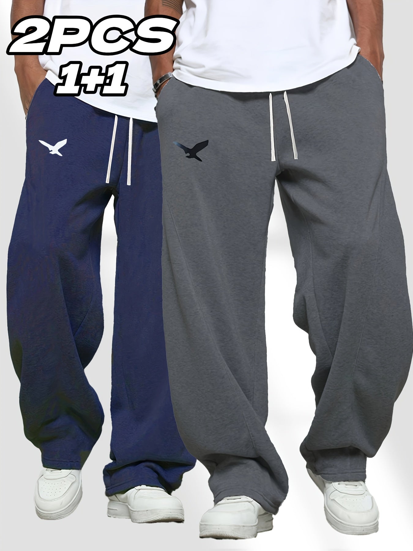 [Eagle Print | Sports Pants] 2pcs Men's Eagle Print Sports Pants | Casual, Adjustable Drawstring, Straight Leg, Trendy Gift for Father or Husband