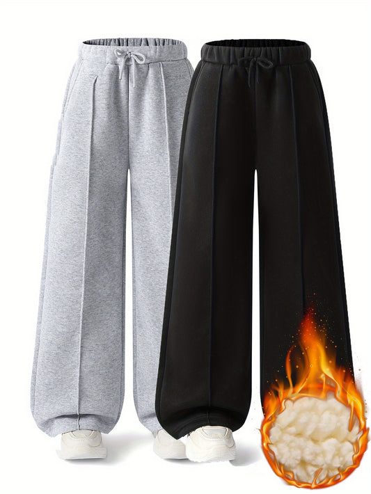 Girls' Winter Thermal Long Pants with Elastic Waist & Bow - Thickened Black/Slate Grey -Ready Trousers, Pockets, Machine Washable for Teen Girls (Regular Fit, Non-Stretch) - for, Outdoor & Daily Wear in cold Weather, Perfect
