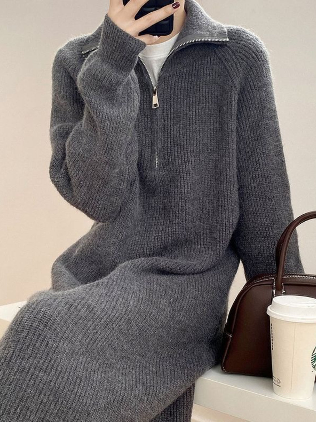 Women'S Elegant V-Neck Sweater Dress - Soft Pink Winter Dress with Zipper Closure, Knee-Length Layering Piece for Casual & Formal Events - Cozy Fall/Winter Outfits