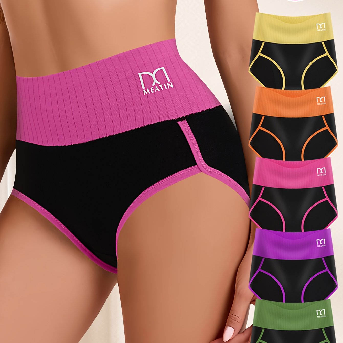 5pcs High Waist Tummy Control Panties - Bikinis With Fashion Contrast Color, Comfortable Fit, And Briefs Style