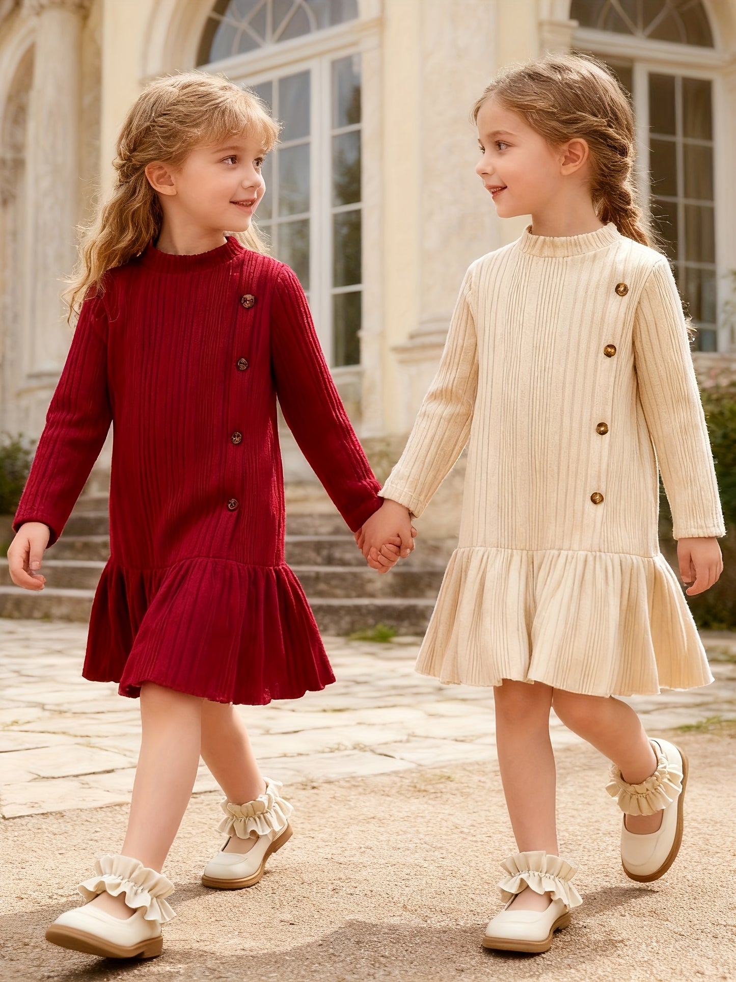 Girls' Casual Knit Two-Piece Dress with High Neck, Ruffled Hem and Button Decor - Knee-Length, Long Sleeve, and Burgundy Set - Perfect for Home, Outdoor, and Parties - Spring/Fall Seasonal Wear, Cute Dresses