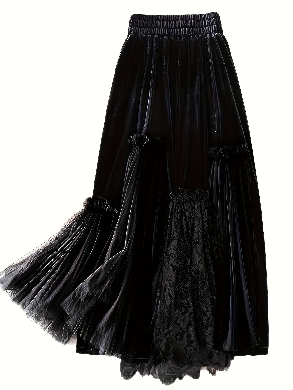 Women'S Elegant Lace Skirt with High Waist & Flared Hem - Long Formal & Semi-Formal Skirt, Solid Black with Intricate Lace Panel, Structured Fit for Fall/Winter, Versatile Everyday to Special Occasion Wear, No Belt Required