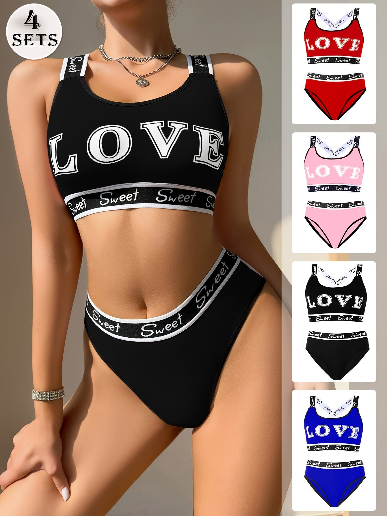 [Monogrammed Bra Set] 4 Sets Women's Monogrammed Bra Set | Fashion LOVE Pattern, Contrast Trim, Quick-Drying Ice Silky Fabric - Comfortable & Breathable for Swimming, Gym, Yoga