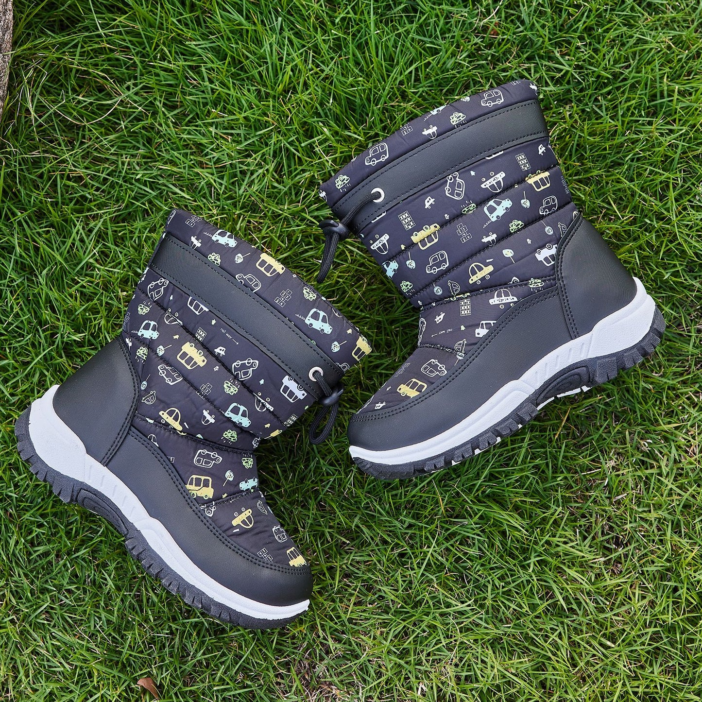 DACLAY Girls' & Boys' Snow Boots - High-Top Winter Warm Jacket-Like, Slip-On/Ratchet Closure, Rubber Sole Traction, All-Terrain Vehicle (ATV) & Car-Themed Snow Booties for, Cold Weather Outdoor Shoes