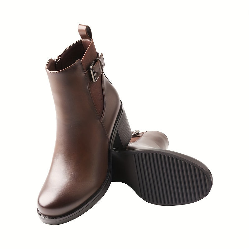 Women'S Classic Round Toe Ankle Boots, Solid Color Microfiber Upper, Fabric Lining, TPR Sole, Fabric Insole, with Side Zipper and Buckle Detail, for Casual Chic Short Boots with Thick Heel