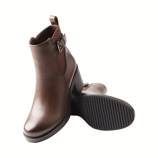 Women'S Classic Round Toe Ankle Boots, Solid Color Microfiber Upper, Fabric Lining, TPR Sole, Fabric Insole, with Side Zipper and Buckle Detail, for Casual Chic Short Boots with Thick Heel