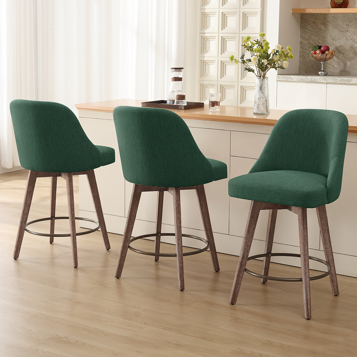 Modern Mid-Century Swivel Counter Height Bar Stools, Set of 3 with Backs, Linen Fabric Upholstered & Sturdy Wood Legs, 360° Swivel Base, 26" Seat Height, Easy Assembly, for Home Bar Dining or Modern Kitchen, Durable H