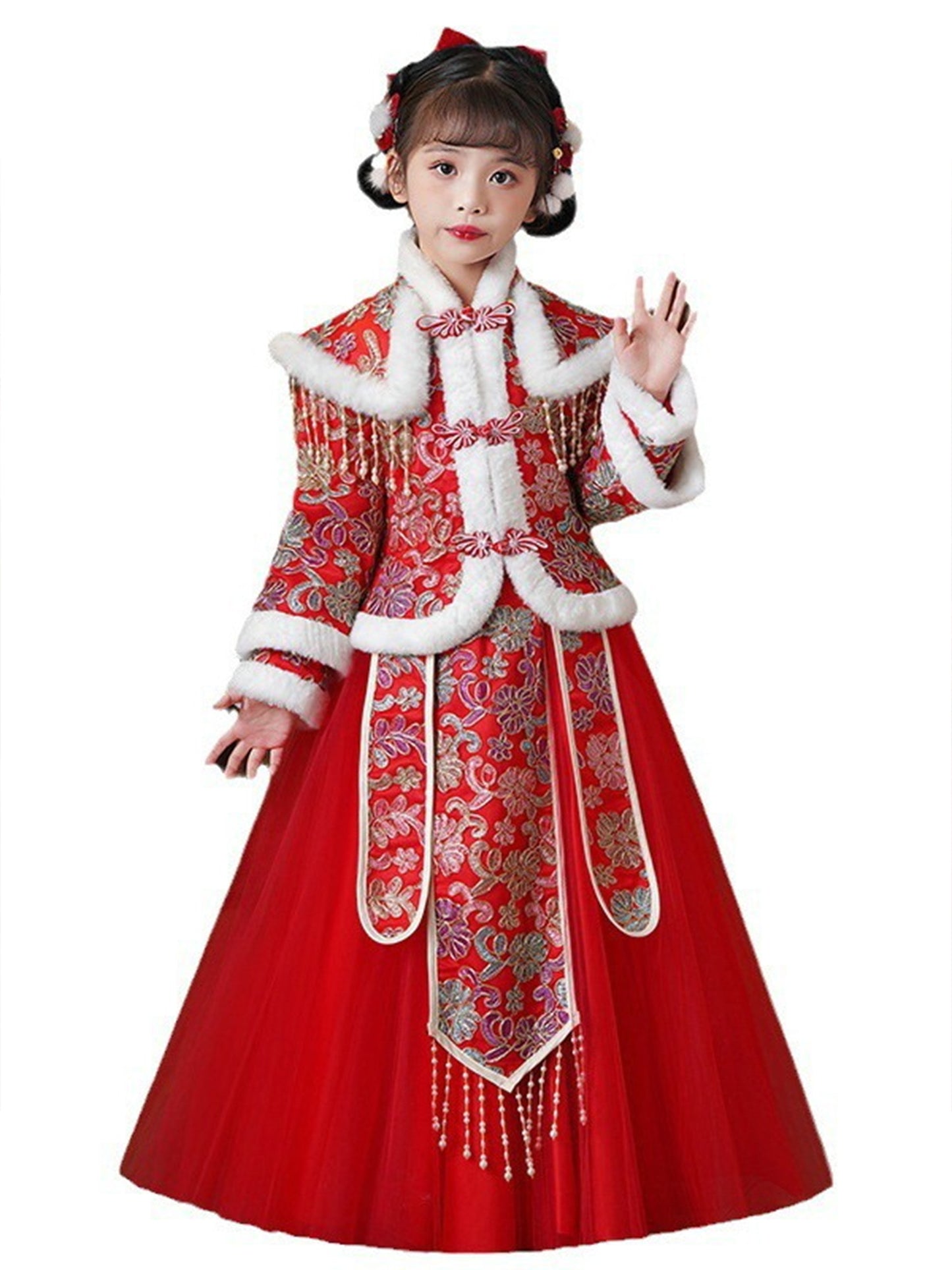 Girls' Traditional Chinese New Year Dress - Winter Warm Fleece-Lined Princess Dress with Tassel Hem, Vibrant Red & Golden Geometric Pattern, Zipper Closure, All-Season Elegant Party Outfit for Lunar New Year Celebrations
