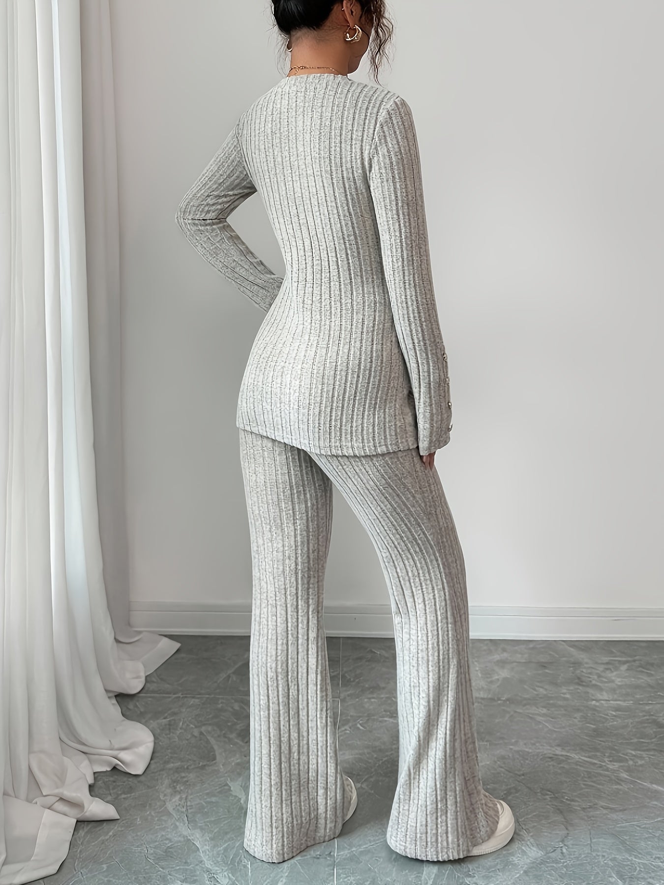 European and American Women's V-Neck Long Sleeve Button Decor Top and Pants Two-Piece Set for Autumn and Winter