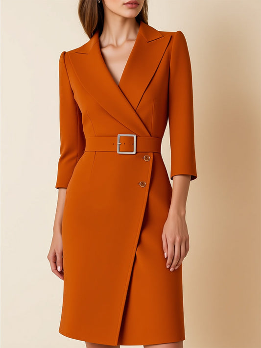 Women'S Orange-Brown Belted Split-Front Suit Dress - Structured Fitted Tailored Fit with Notch Lapel Collar & Belted Waist, Solid Color Elegant Workplace & Formal Attire, Fall/Winter Collection, Versatile for Business, Weddin