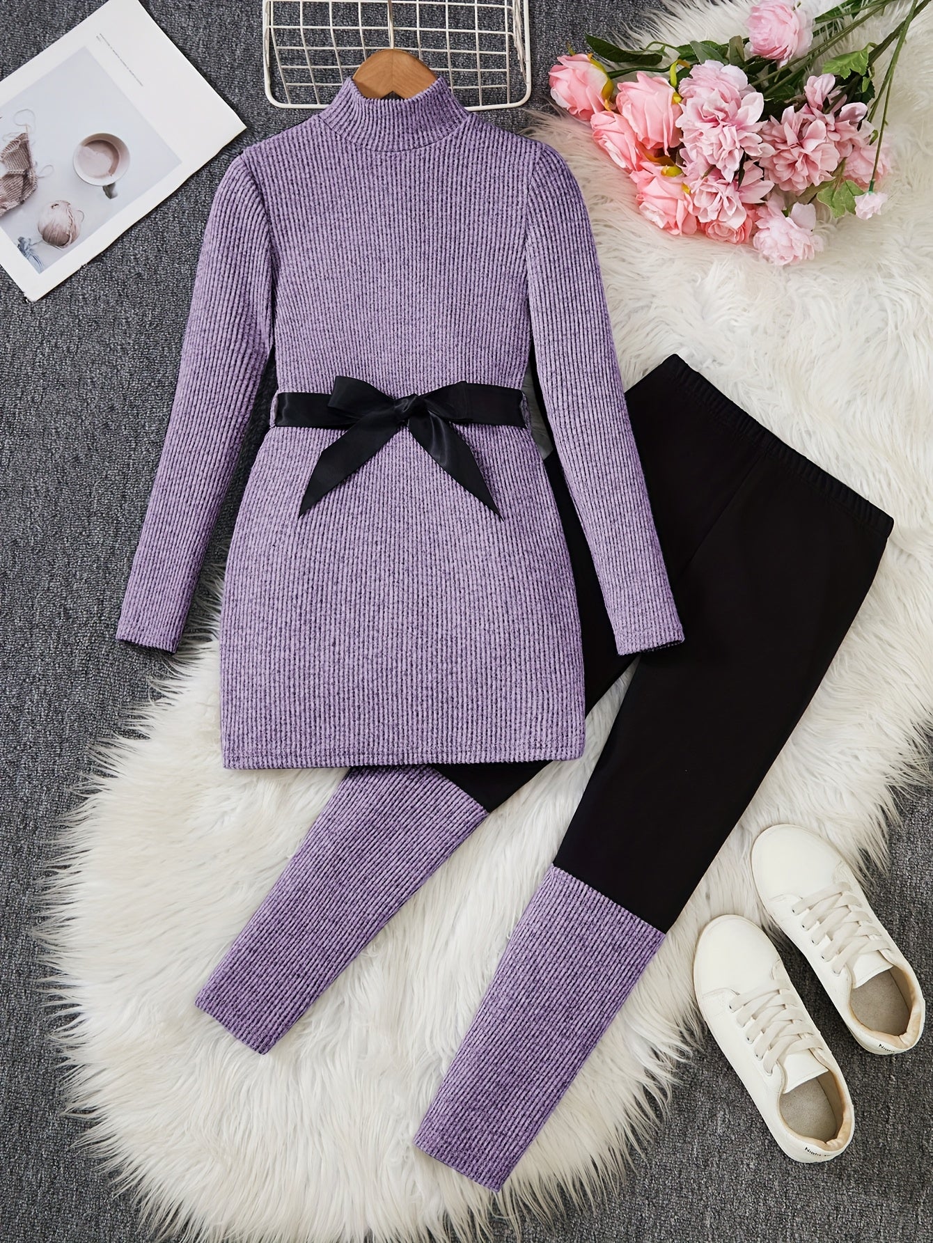 [Perfect for fall winter wear] 2pcs Girls' Autumn/Winter Set: High-Neck Long Sweater Dress with Contrast Patchwork Leggings - Fashion Casual Minimalist Style for Daily Outdoors, School Gathering, Back-to-School Season Fall Wi