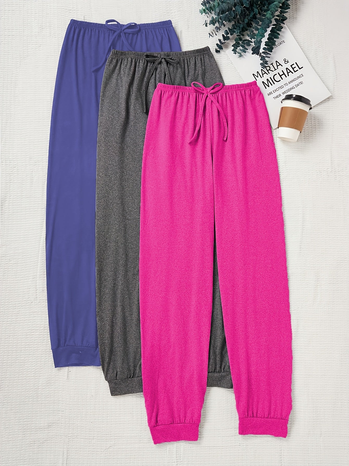 3pcs Women'S Casual Drawstring Waist Pants - Loose Fit Solid Color Joggers in, Pink | All-Season Comfort, Perfect for Home & Outdoor Wear, Ideal Gift, Jogging Pants