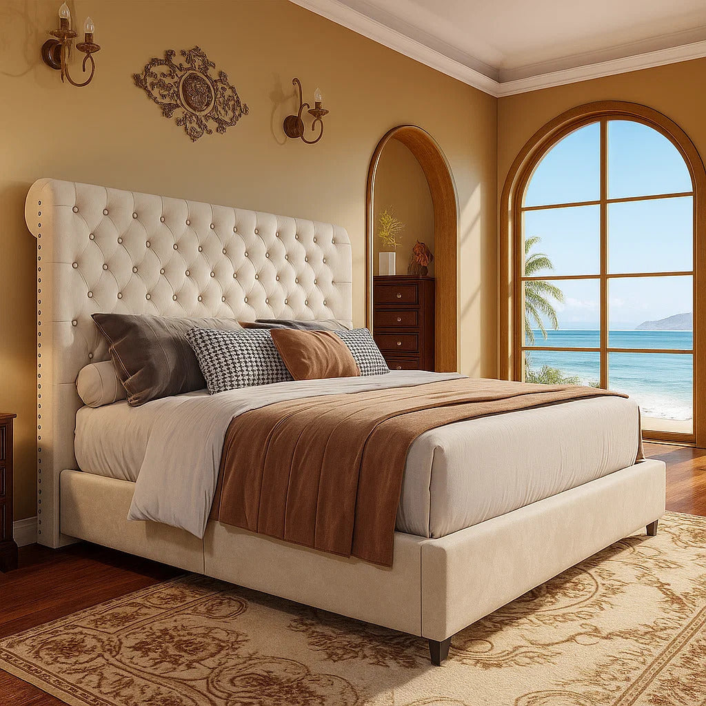 PAPABABE Upholstered Platform Bed Frame with 52.8" Sleigh Headboard - Button Tufted Design, No Box Spring Required, Easy Assembly, Durable Hardwood & Polyester, Classic Style for Modern Bedrooms, Bedroom Furniture, Elegant Be