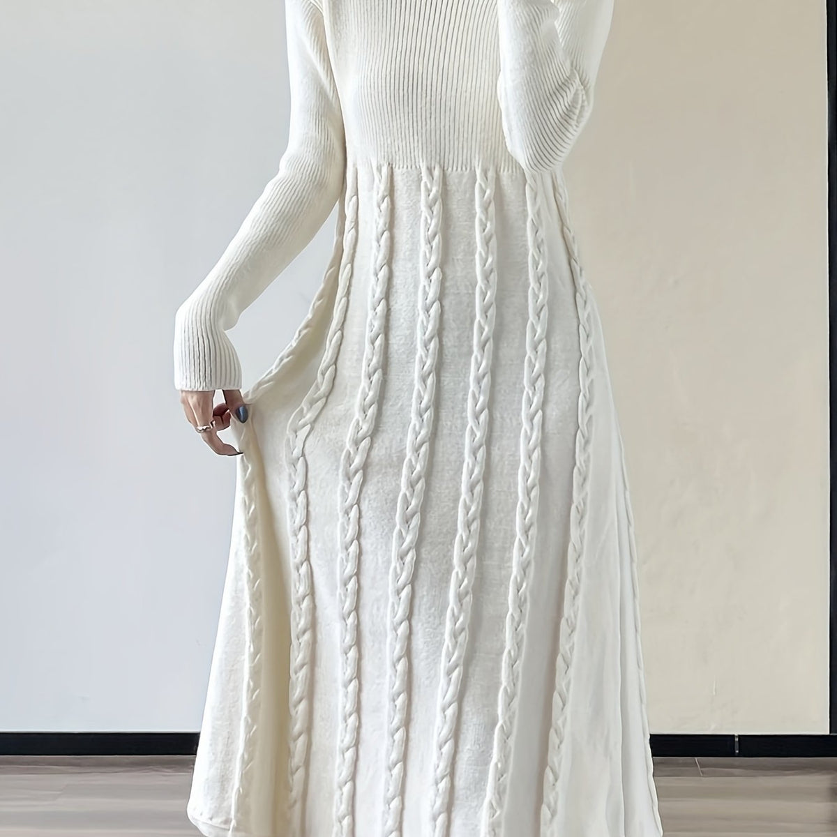 Women's Winter Dress - Boat Neck Long Sleeve A-Line Umbrella Hem Casual Chic Tunic, Soft Warm Fall Winter Outfits, Easy Care Hand Wash/Dry Clean, Ladies Winter Clothes, Textured Design, Durable Fabric