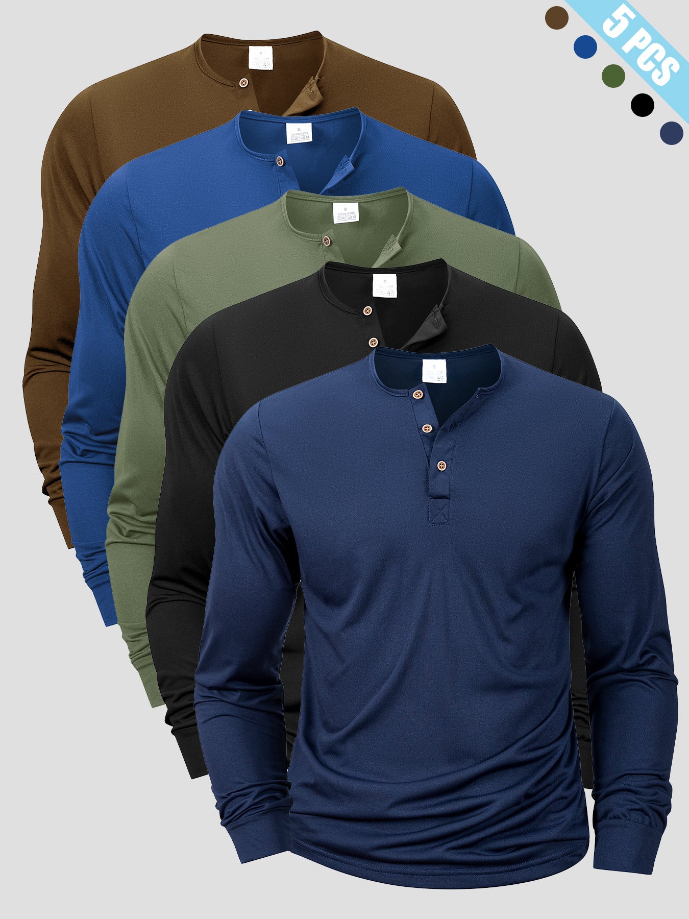 [Men's T-Shirts Set] A Set of Five Versatile Men's T-Shirts Featuring a Henley Style, with a V-Neck Design And Buttoned Half-Open Chest. These Long-Sleeve Shirts Are Easy Yet Stylish, Perfect for Everyday Casual Wear, Sports,