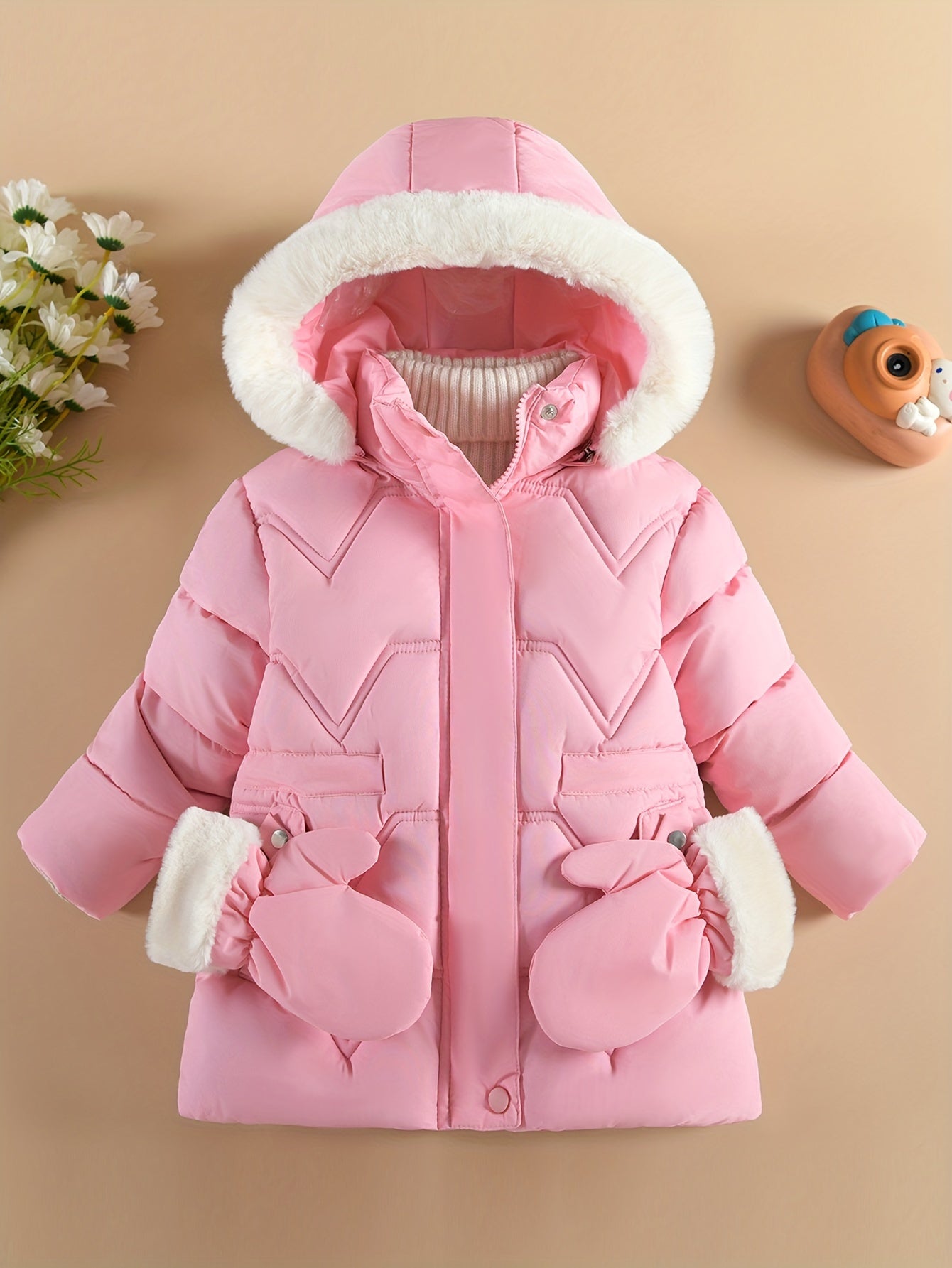 Girls' Pink Winter Snowsuit with Hooded Collar & Gloves - Cozy Mid-Length Jacket, Long Sleeve, Zip-Up, Lining, Flared Hem, Regular Fit, Fall/Winter Outerwear