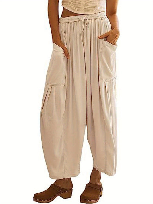 2025 New Women's High Waist Wide Leg Pants with Elastic Waist & Drawstring - Loose Casual Trousers with Pleated Design, Non-Stretch Machine-Washable Fabric for Spring/Fall, Solid Color