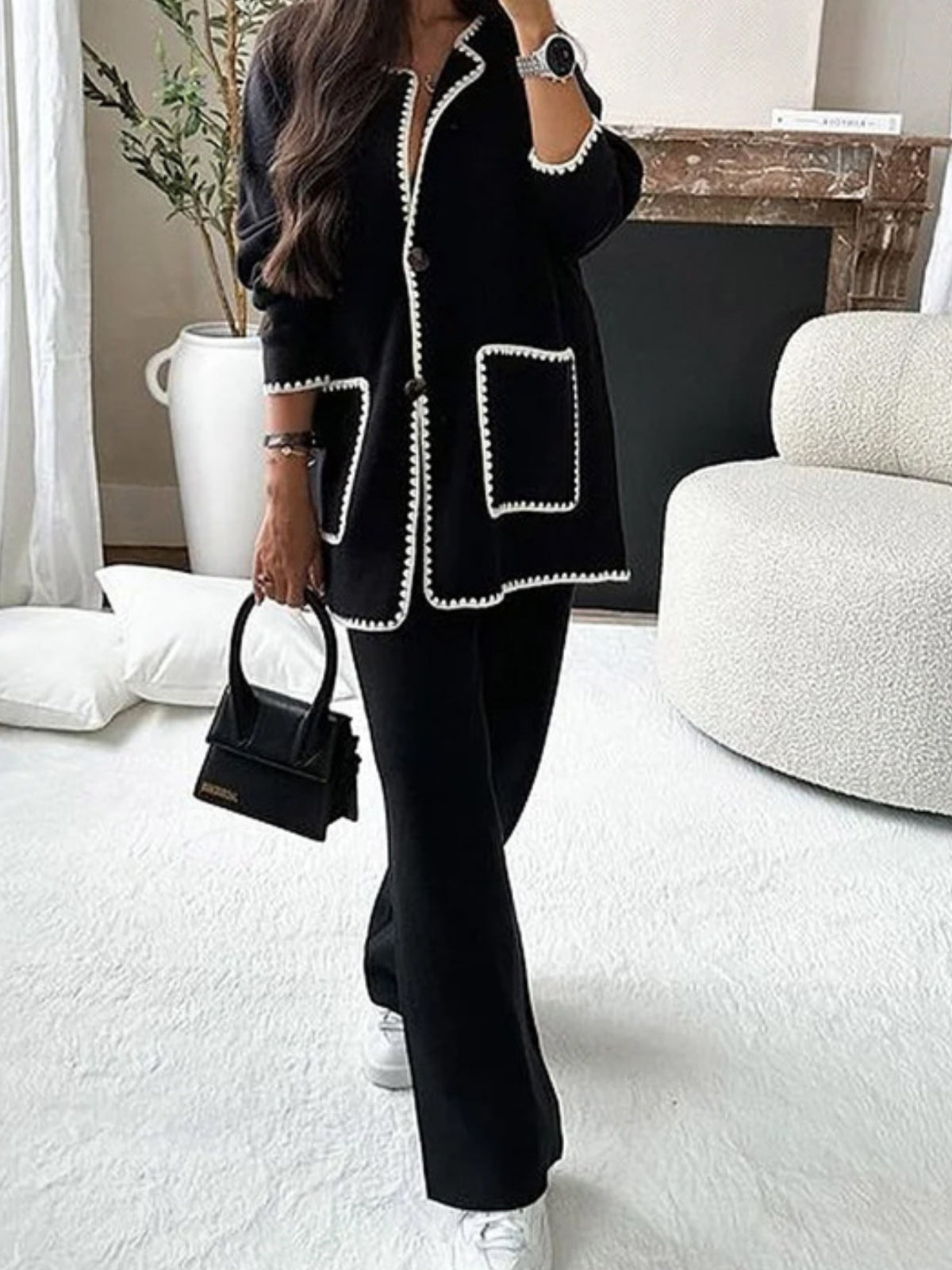 Women'S Elegant Two-Piece Set - Oversized Long Sleeve Cardigan & Wide-Leg Pants, Solid All-Season Casual to Formal Outfit, Cozy Loose-Fit Sweater with Structured Waist, Versatile Everyday & Formal Wear, Comfortable Winter Out