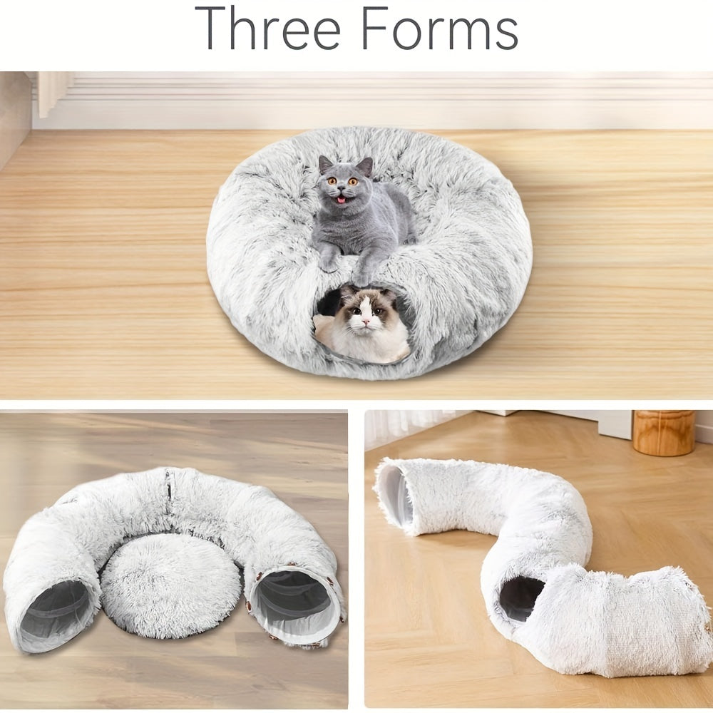 [Cozy Nest for Cats] 2-in-1 Plush Cat Tunnel Bed | Winter Warm Donut-Style Cozy Nest, Enclosed Hideaway with Peekaboo Hole & Hanging Pom Pom Toy, Extra Thick Soft Pet Bed for Anxiety Relief, Deep Sleep, Non Slip Bottom, Multi