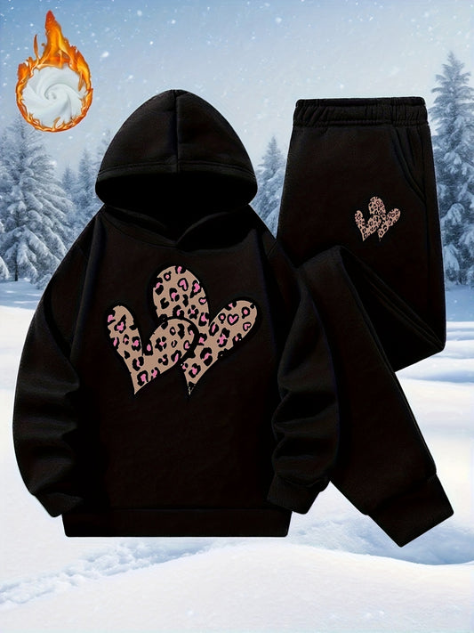 Girls' Autumn and Winter Hoodie & Jogger Set with Leopard Heart Pattern, Fleece-Lined Thickened Comfortable Fabric, Long Sleeve Fashion Two-Piece Outfit for Teens | Trendy Youth Style | Hand Washable Pants Perfect for Daily W