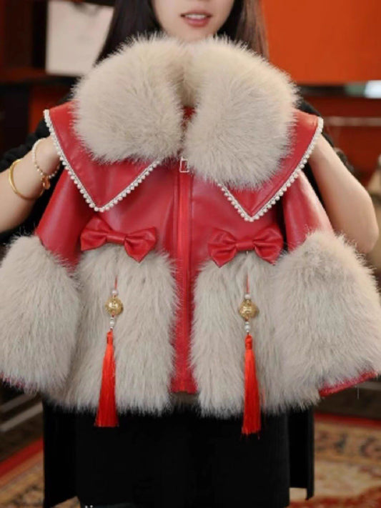 Girls' Winter Coat with Fur-Like Collar & Bell Sleeves - Soft Fleece Jacket, Round Neck Long Coat with Pockets, Warm Lining, Cute & Elegant Outerwear for Everyday & Special Occasions (Solid Color, Regular Fit) - Ideal for Chr