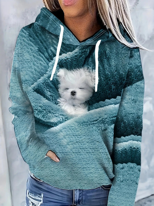 Women'S Hoodie - Soft Sweatshirt with Cute Sleeping Puppy, Long Sleeve Pullover for Everyday & Pet Lover Outfits - Cozy Fall Winter Clothing, Dog Hoodie, Casual Wear, Playful Design, Comfortable Material, Animal Print Top, Fa