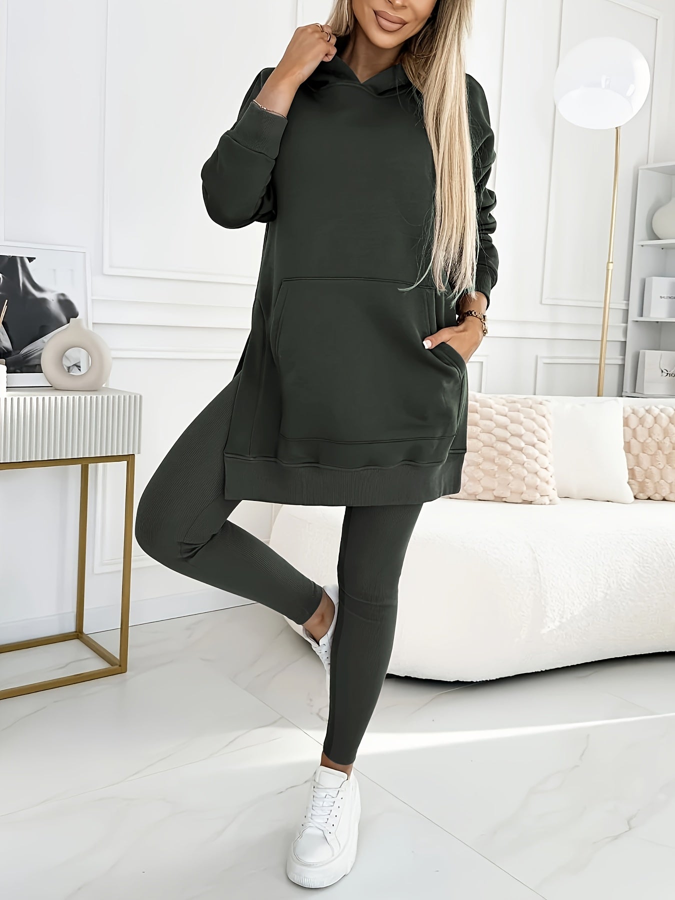 Directional Casual Suit, Women'S Solid Color Hooded Sweatshirt + Solid Color Leggings Two-Piece Set, Machine Washable And Dry Cleanable, Suitable for Daily Commuting
