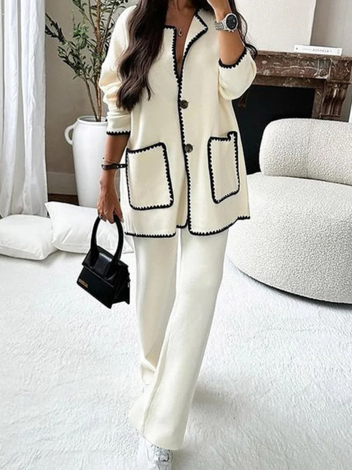 Women'S Elegant Two-Piece Set - Oversized Long Sleeve Cardigan & Wide-Leg Pants, Solid All-Season Casual to Formal Outfit, Cozy Loose-Fit Sweater with Structured Waist, Versatile Everyday & Formal Wear, Comfortable Winter Out