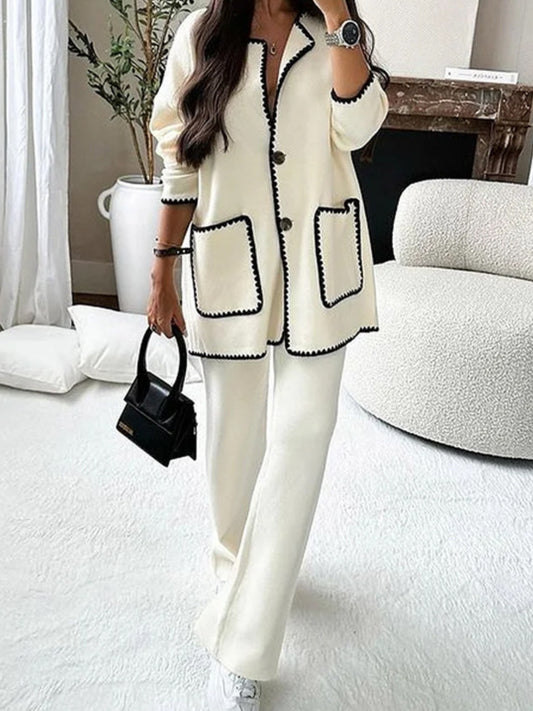 Women'S Elegant Two-Piece Set - Oversized Long Sleeve Cardigan & Wide-Leg Pants, Solid All-Season Casual to Formal Outfit, Cozy Loose-Fit Sweater with Structured Waist, Versatile Everyday & Formal Wear, Comfortable Winter Out
