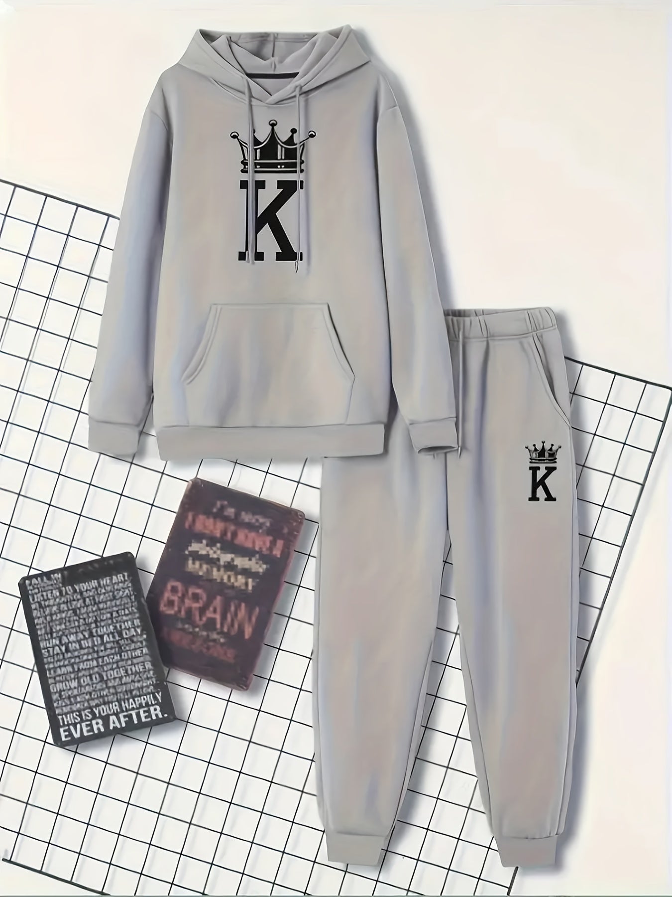 Men's 6pcs Full Set Hooded Sweatshirt & Jogger Pants Sweatsuit - Micro Elastic Fabric, Letter Print Matching Tracksuit for Gym, Yoga,, Winter/Spring/Fall Casual Wear, Machine Washable Matching Outfit (Regular Fit)