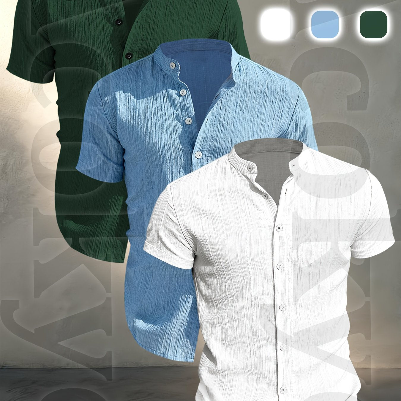 3pcs Set Men's Summer Short Sleeve Shirts • Lightweight Breathable Solid Color Button Casual Shirts with Stand Collar • Ideal for Beach Vacations, Pool Parties, and Daily Wear
