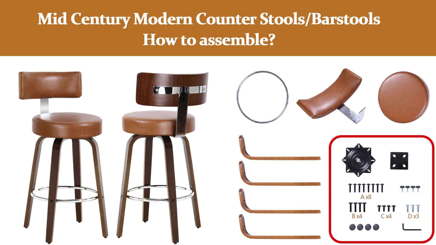 Bar Stools Set of 2, Faux Leather 360° Swivel Barstools with Back and Round Seat, Modern 26"/29" Bar Height Upholstered Bar Chairs Island Stools for Kitchen Counter, Walnut Bentwood Legs