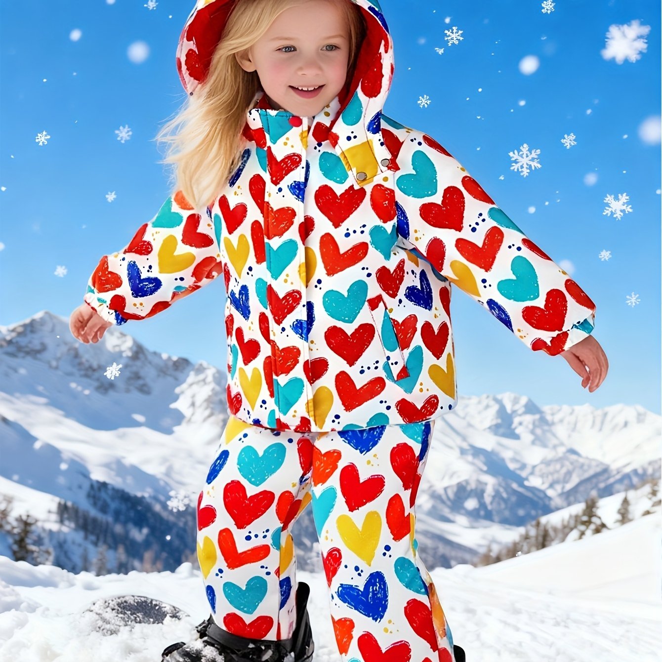 Girls' Cute Ski Suit Set - Winter Snow Jacket & Pants with Heart Print, Red Contrast Color Block, Hooded Jacket & Zipper Closure, Machine Washable Warm Outfit for Baby Girls & (Pink/White/) - Skiing & Snow