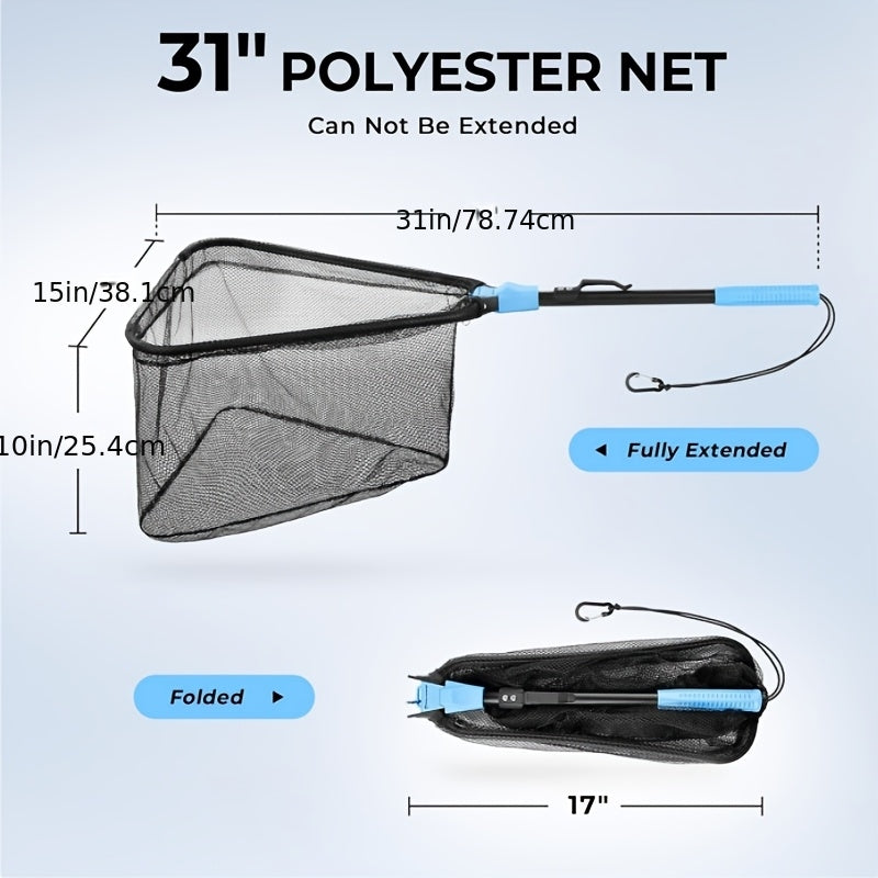 1 Triangle Fishing Net | Foldable, Lightweight & Strong Landing Net with Non-Slip Elastomer Handle, Built-in Elastic Lanyard and Belt Clip, Aluminum Alloy - Ideal Gift for Men