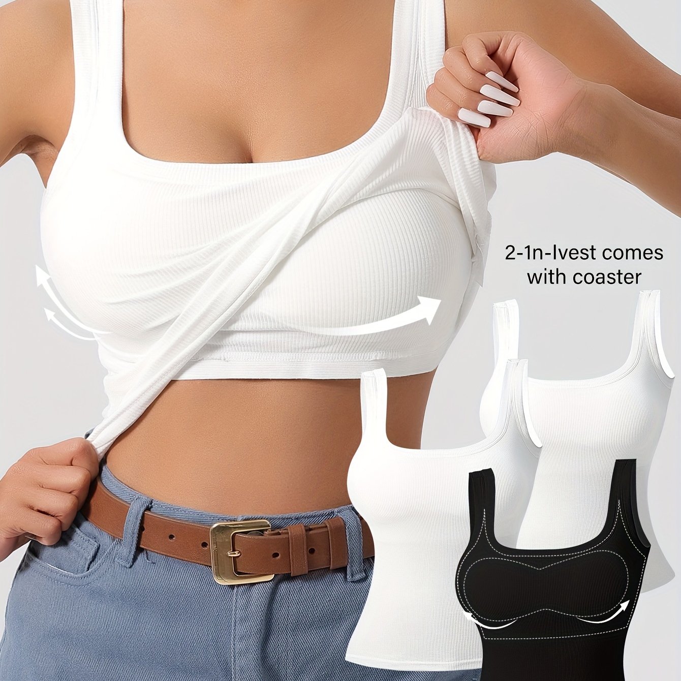 Women's 3Pcs U-Back Tank Tops With Removable Pads, Slim Fit Solid Color Versatile Inner & Outerwear Camisole Vest Set Casual Style