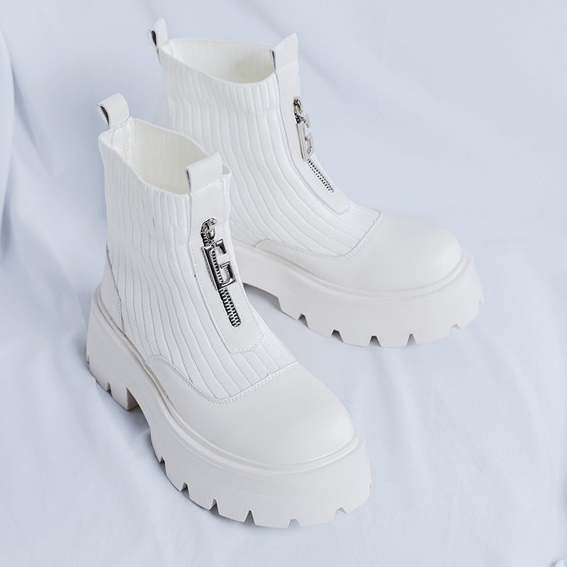 Men'S British Style Chunky Platform Ankle Boots - White Faux Cover & EVA Upper, Thick Rubber Sole, Zipper Closure, Lace-Up Design, Perfect for Business or Casual Wear, Allseason Footwear | Zipper Ankle Boots | Durable Rubber