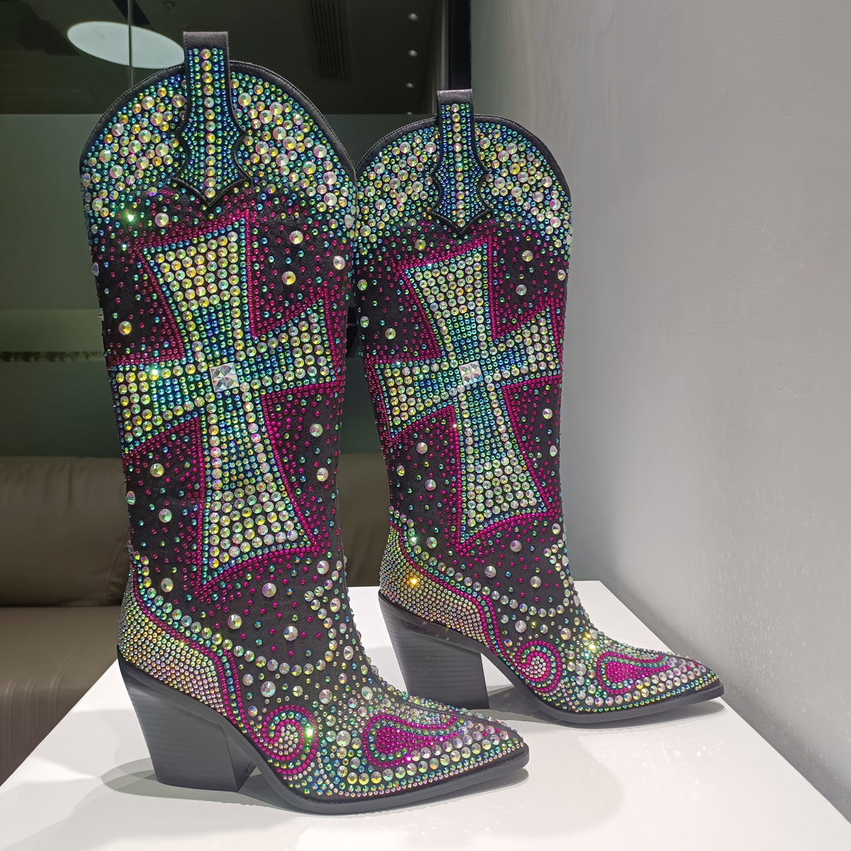 Women'S Western Knee - High Cowboy Boots With Rhinestone Cross | Eye - Catching Bling, Authentic Style | Premium Fabric, Supportive Sole, Soft Cushion | Seasonless For Nightclubs, Parties, Festivals & Shopping Trips