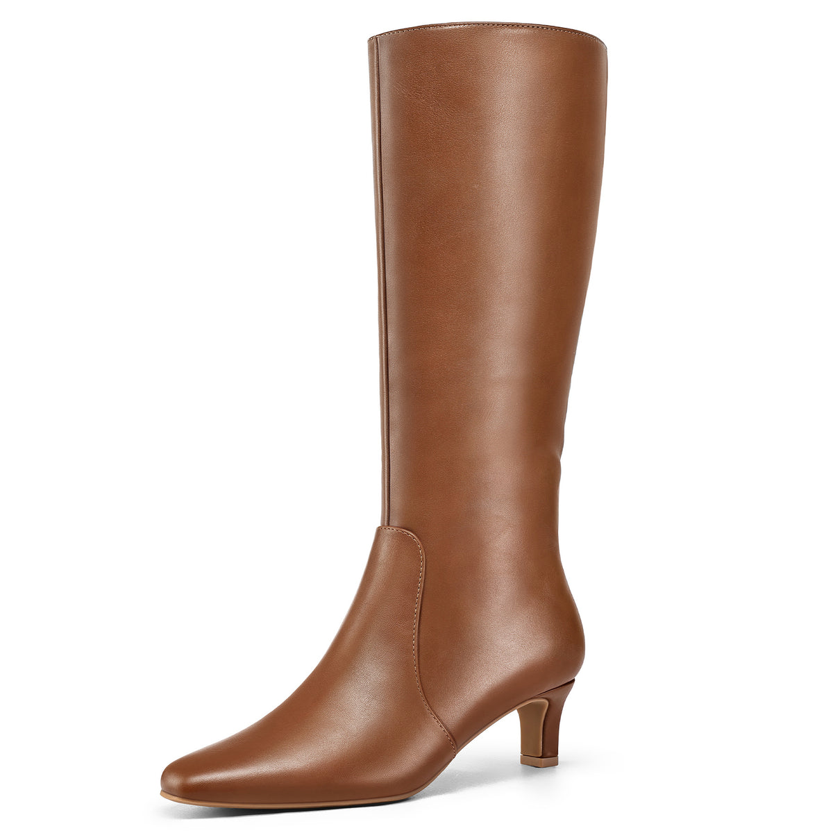 Women'S Elegant Square Toe Kitten Heel Knee-High Boots - Low Block Heel (0.39-0.59inch) Side Zipper Closure, Black PU Faux Cover Upper & Soft Microfiber