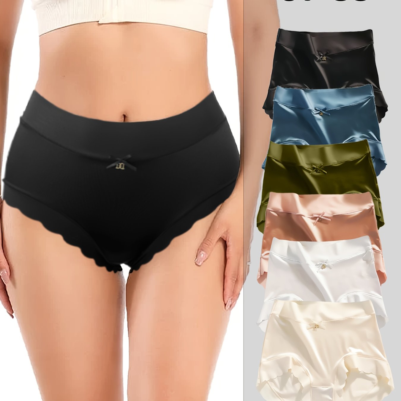 [Luxury Satin Panties] 6pcs Luxury Satin Bow Ruffle Panties - Soft And Stretchy - Stretch Low Rise Waist Panties - Fashionable Women's Lingerie Set for Casual Attire, New Autumn And Winter Style Solid Color Triangle Panties