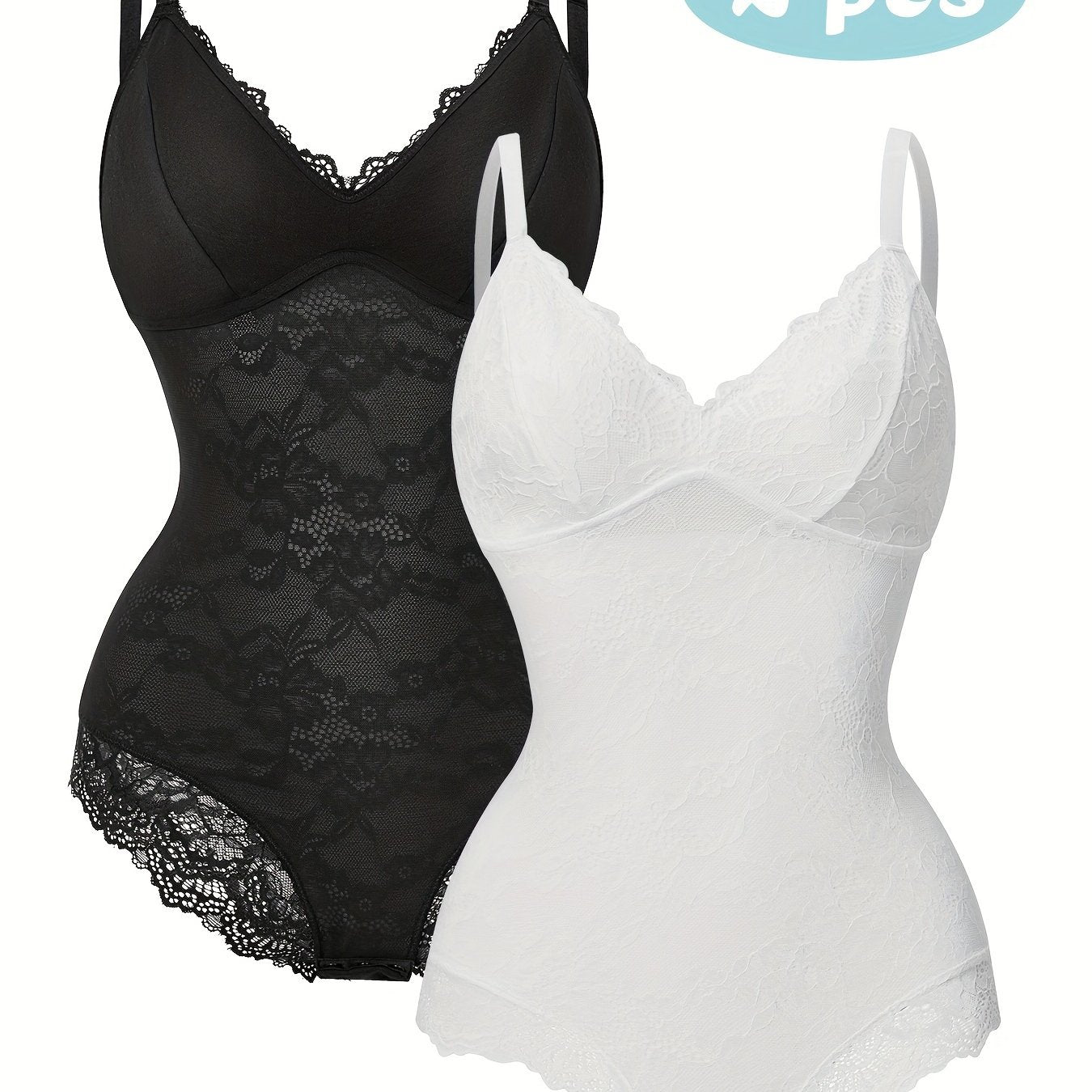 Two-Pack Large Size Women's Printed Lace Shapewear Body Suit Abdominal Shapewear V-Neck Vest Style Top Body Shaper
