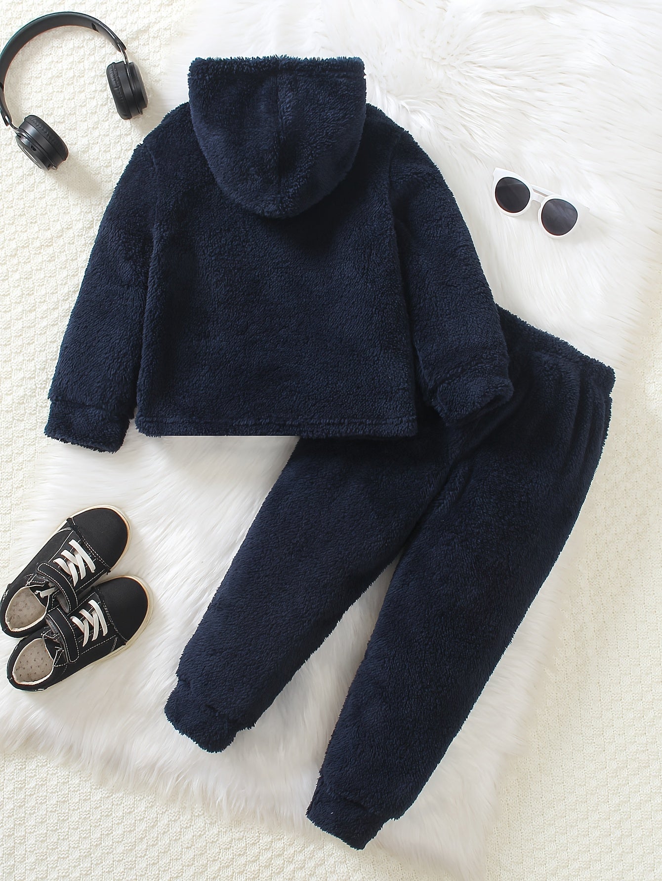 Boys' Plush Fabric Navy Blue Zip-Up Hoodie Set with Letter Print Patchwork, Long Sleeve and Pants for Autumn/Winter Warmth, Perfect for Outdoor, Suitable for Travel Outdoor Christmas, Thanksgiving Gift and Combo Set Random Pr